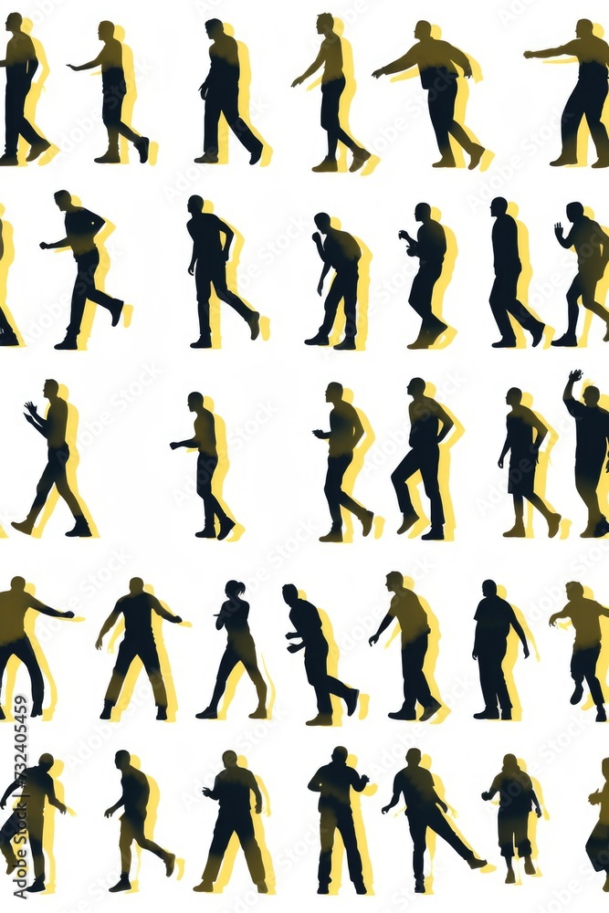 Poster A series of silhouettes capturing the dynamic motion of a man running. Perfect for illustrating concepts of fitness, sports, competition, and determination.