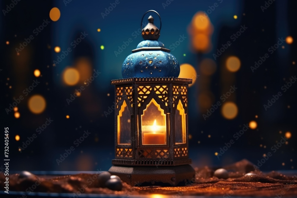 Poster a blue lantern with a lit candle inside. perfect for creating a cozy and warm atmosphere. ideal for 