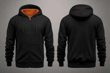 A black hoodie featuring an orange hoodie. Can be used to showcase contrasting colors in fashion or for a sporty and casual look