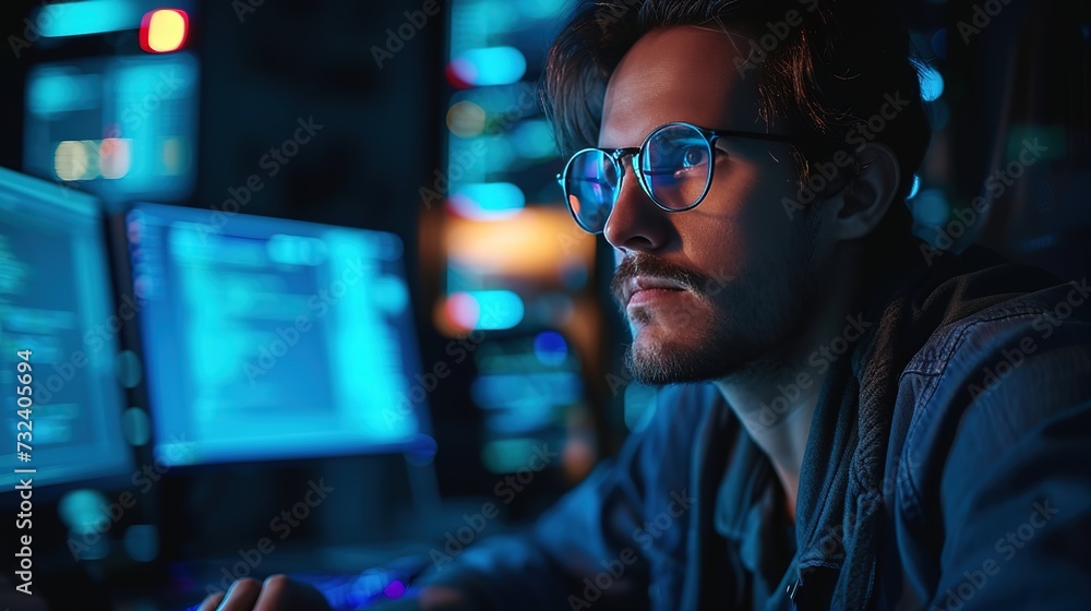 Poster focused technology professional with glasses working late in a server room surrounded by computer eq