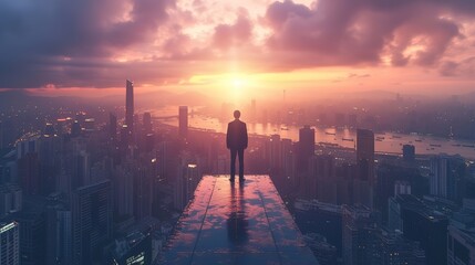 Silhouette of a contemplative businessman standing on a skyscraper's edge, gazing at the city sunrise.