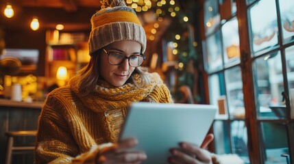 Cozy scene with a woman in a winter hat and sweater browsing her tablet in a warmly lit cafe.