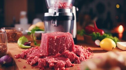 A meat grinder sitting on top of a wooden cutting board. Ideal for food preparation and cooking
