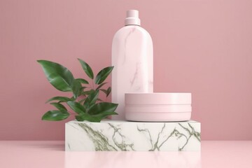 Marble podium with cosmetic bottle, green leaves, and pink background. Background for product display. Generative AI