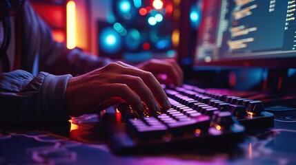 Hands of a programmer typing on a mechanical keyboard with dynamic neon backlighting in a high-tech environment.