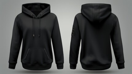 A black hoodie is pictured on a plain gray background. This versatile image can be used for fashion, clothing, or urban-themed designs