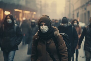 A group of people walking down a street while wearing masks. Can be used to depict a variety of scenarios related to anonymity, protection, safety, protests, or social distancing