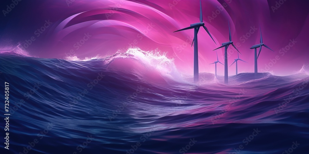 Fototapete wind turbines placed atop a wave, creating a unique and sustainable energy source. perfect for illus