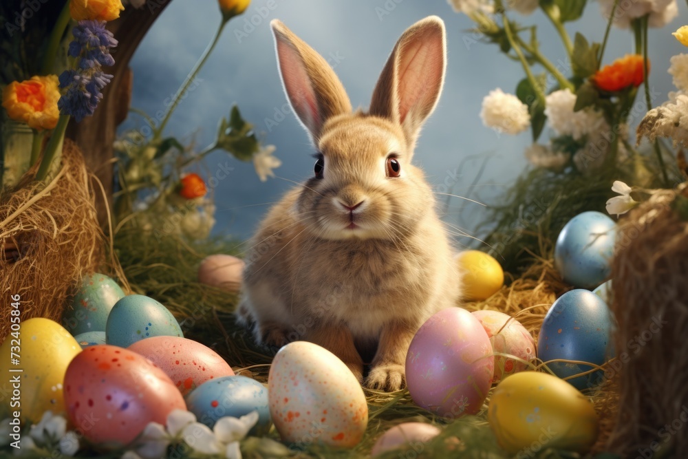Poster a rabbit sitting in a nest surrounded by colorful easter eggs. this image can be used to depict the 