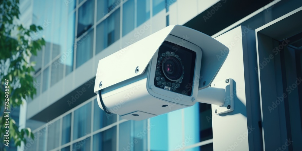 Poster A security camera mounted on the side of a building. Can be used to monitor and enhance security measures