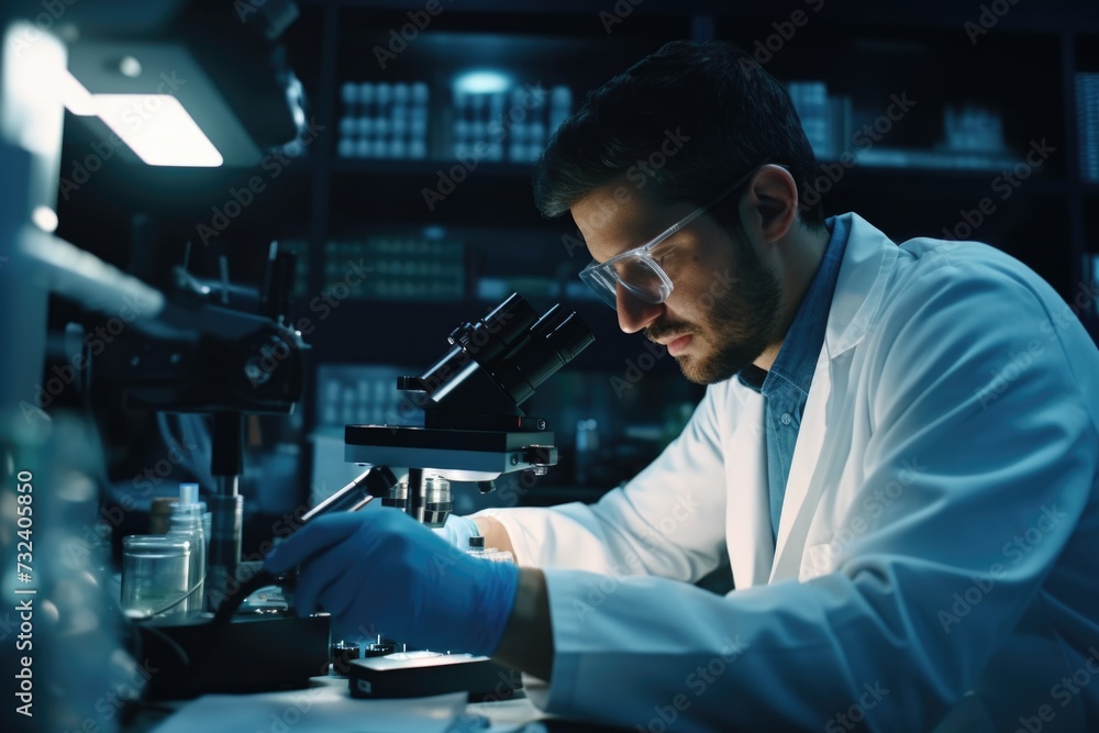 Poster A man in a lab coat is examining something through a microscope. This image can be used to depict scientific research or laboratory work
