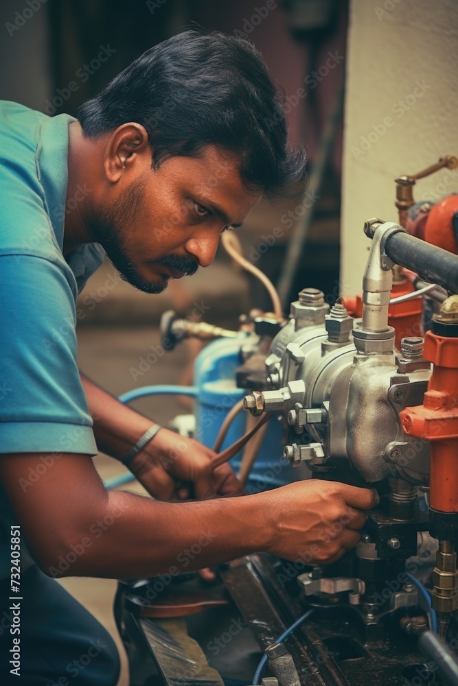 Poster A man is seen working on a machine in a garage. This image can be used to depict manual labor, repair work, or a hobbyist working on a project