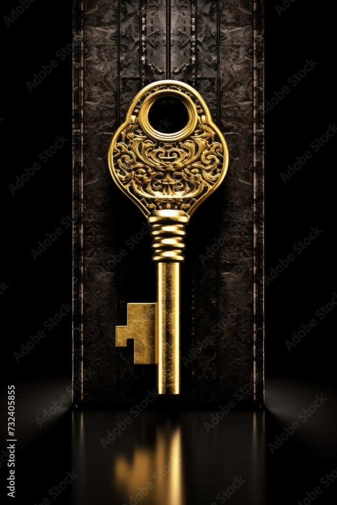 Poster A golden key hangs on a black wall. This image can be used to represent concepts of security, access, mysteries, or solutions