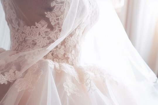 A Wedding Dress With A Veil Displayed On A Mannequin. Perfect For Showcasing Bridal Fashion.