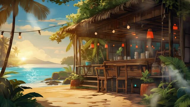 Animation tropical cafe on a beautiful beach  seamless 4k video background. generated with ai	
