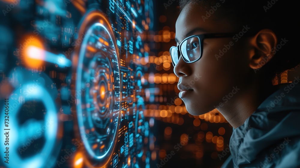 Aufkleber a young programmer with glasses is seen up close, eyes intent on an advanced digital interface with 
