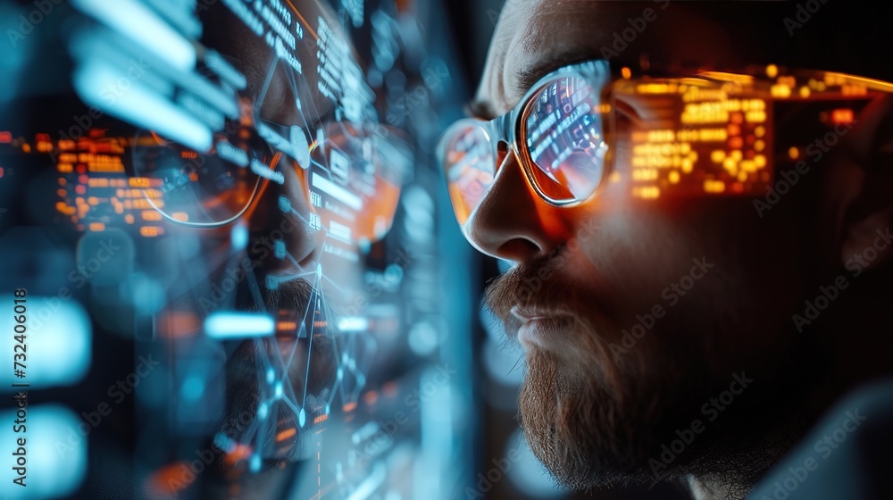 Poster intense focus of a cybersecurity expert as he monitors data analysis, with complex network security 