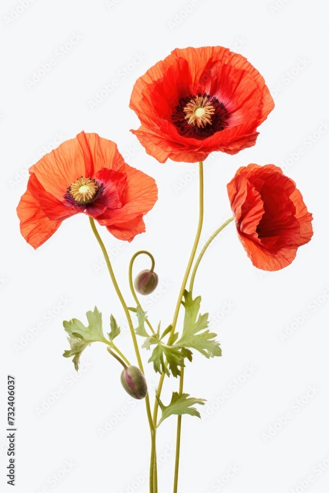 Poster Red flowers arranged in a group on top of a table. Suitable for various uses