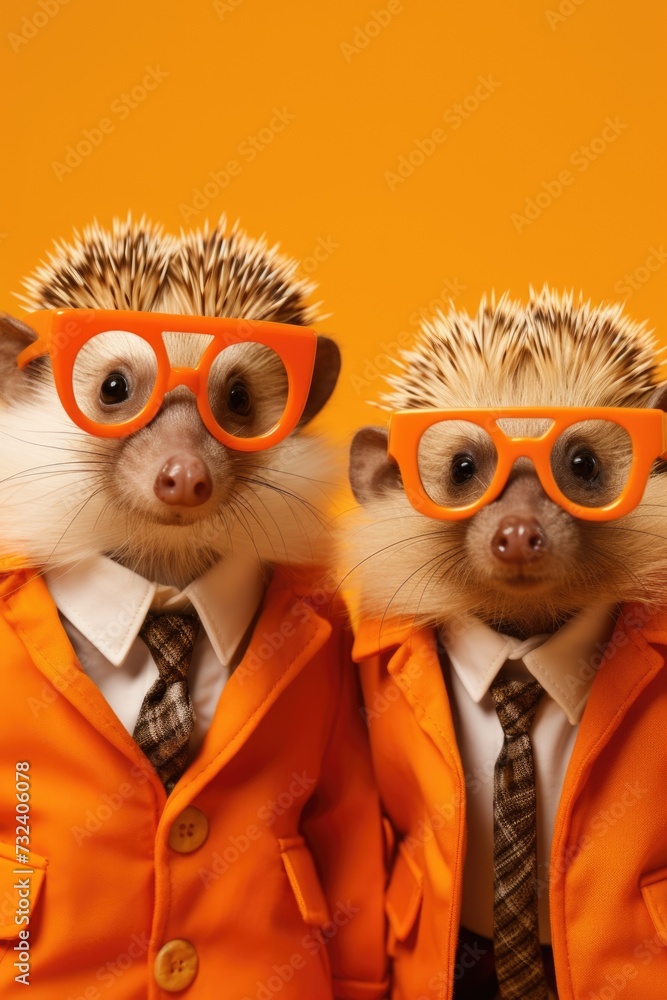 Poster two hedgehogs dressed in suits and glasses. can be used for various creative projects