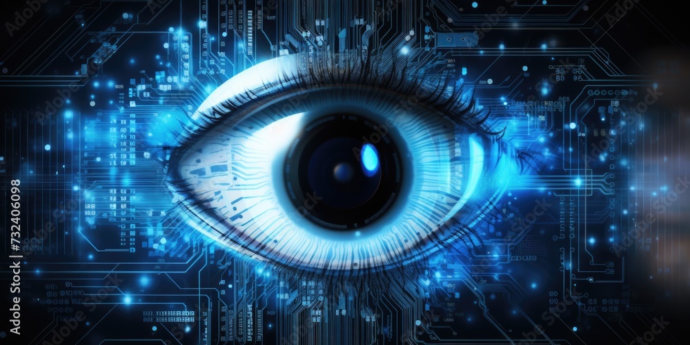 Poster Close-up view of an eye on a circuit board. Can be used to represent technology, artificial intelligence, or surveillance