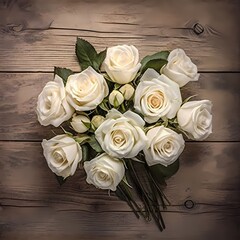Bouquet of White Roses on Wooden Surface