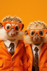 Two hedgehogs dressed in suits and glasses. Can be used for various creative projects