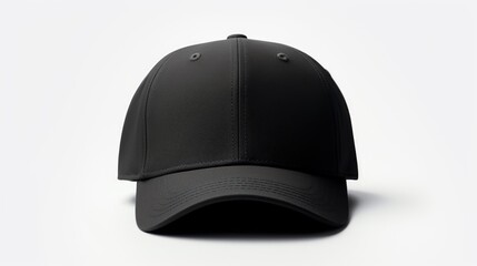 A black baseball cap placed on a clean white background. Suitable for various marketing and promotional materials