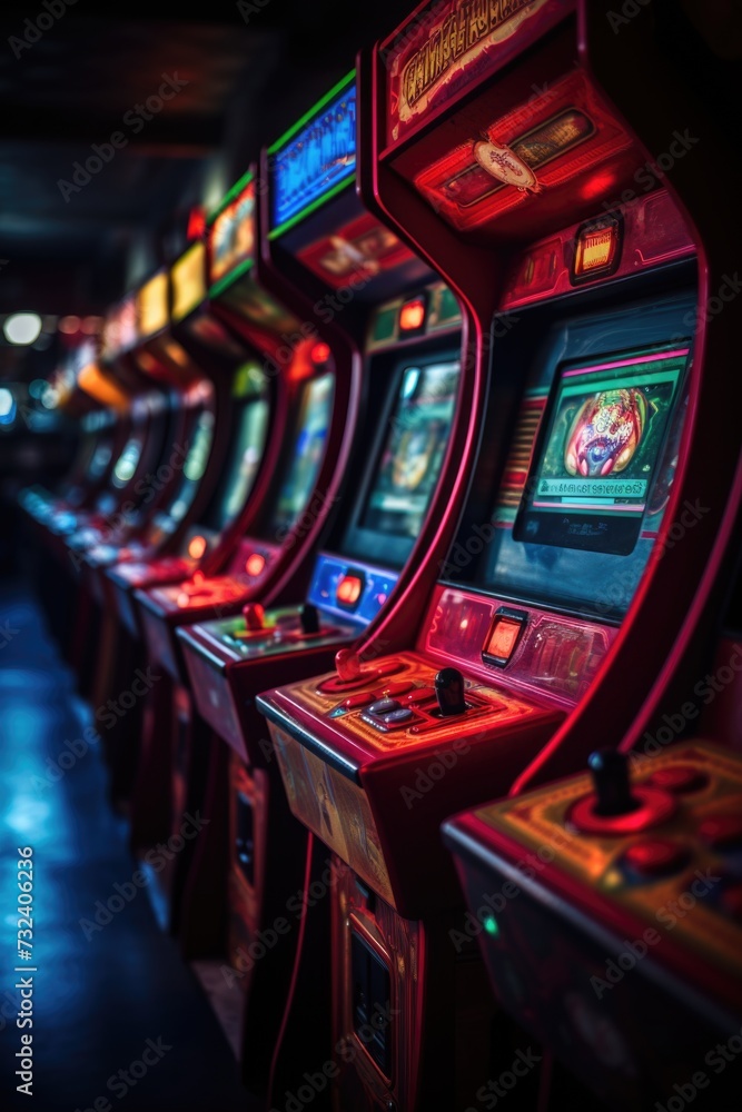 Poster row of arcade machines in a dark room. suitable for gaming or entertainment themes