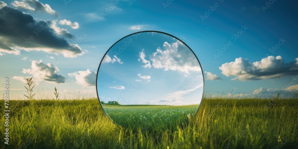 Poster A mirror sitting in the middle of a field. Can be used as a reflection of nature or as a symbol of solitude