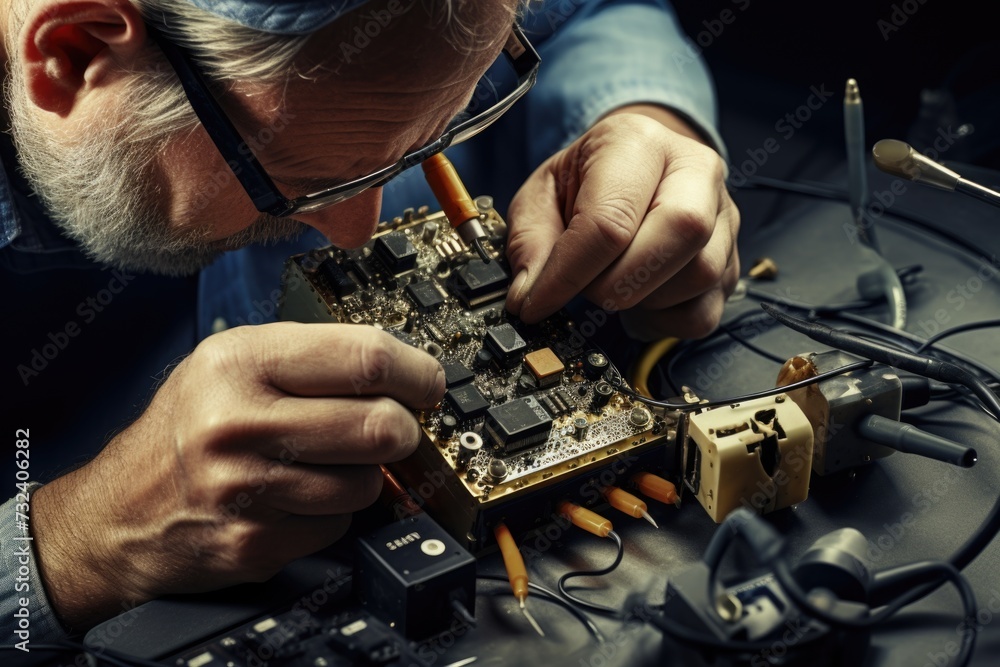 Poster A man is seen working on a circuit board. This image can be used to illustrate electronics, technology, or engineering concepts