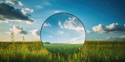 A mirror sitting in the middle of a field. Can be used as a reflection of nature or as a symbol of solitude