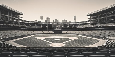 A black and white photo of a baseball field. Suitable for sports-related projects
