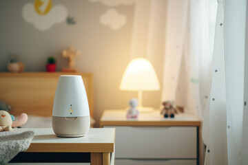 A white humidifier sitting on top of a wooden table. Can be used to improve air quality and humidity in a room
