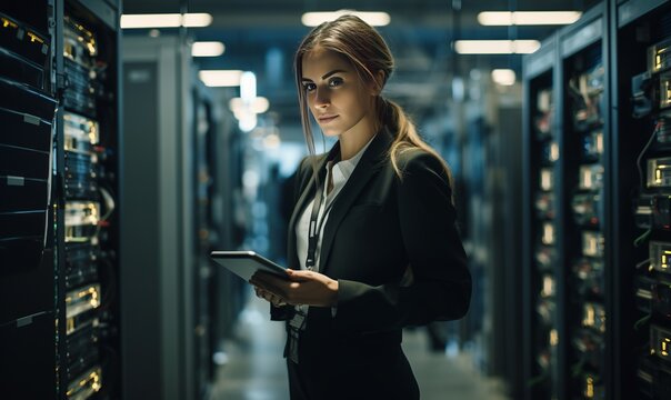 Tablet, women, and technicians check server room for cloud computing or cyber security at night. Tech, it an engineer and female person working on database for maintenance or networking in data center