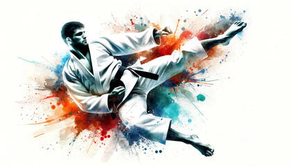 Naklejka premium Dynamic illustration of a male judoka executing a high kick, with a vibrant splash of watercolor effects emphasizing motion and martial arts spirit.Sport concept.AI generated.