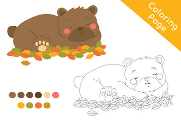 Brown grizzly bear sleeping on top of autumn leaves, black and white outline cartoon vector for coloring page. Printable coloring page template cartoon vector.