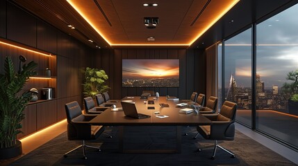 An elegantly designed corporate boardroom, furnished with a sleek conference table, ambient lighting, and a breathtaking view of the city skyline at sunset.