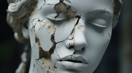 A detailed view of the face of a statue of a woman. Ideal for art projects and historical references