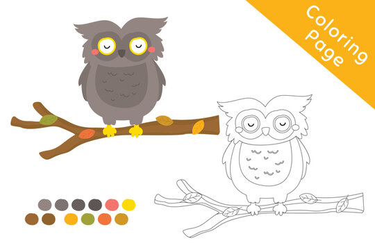 Owl perching on top of a tree branch, black and white outline cartoon vector for coloring page. Printable coloring page template cartoon vector.