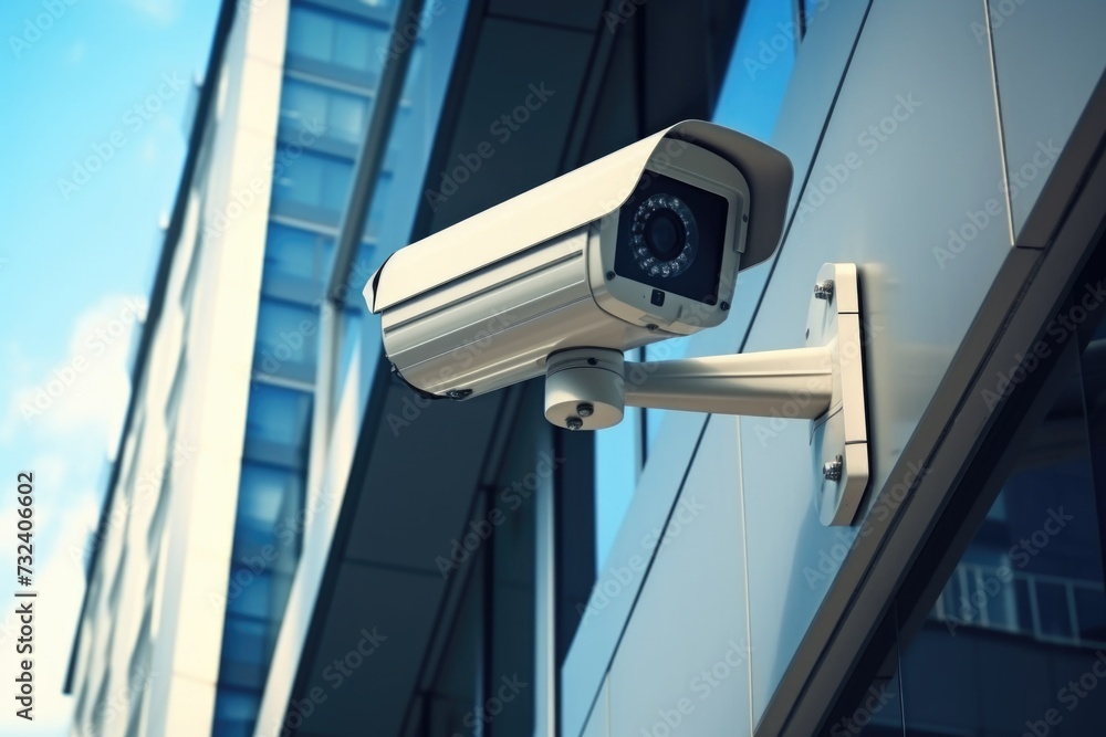 Poster a security camera mounted on the side of a building. suitable for illustrating surveillance, safety,
