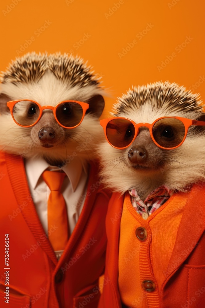 Poster Two hedgehogs dressed in suits and sunglasses. Perfect for adding a touch of style and humor to your projects