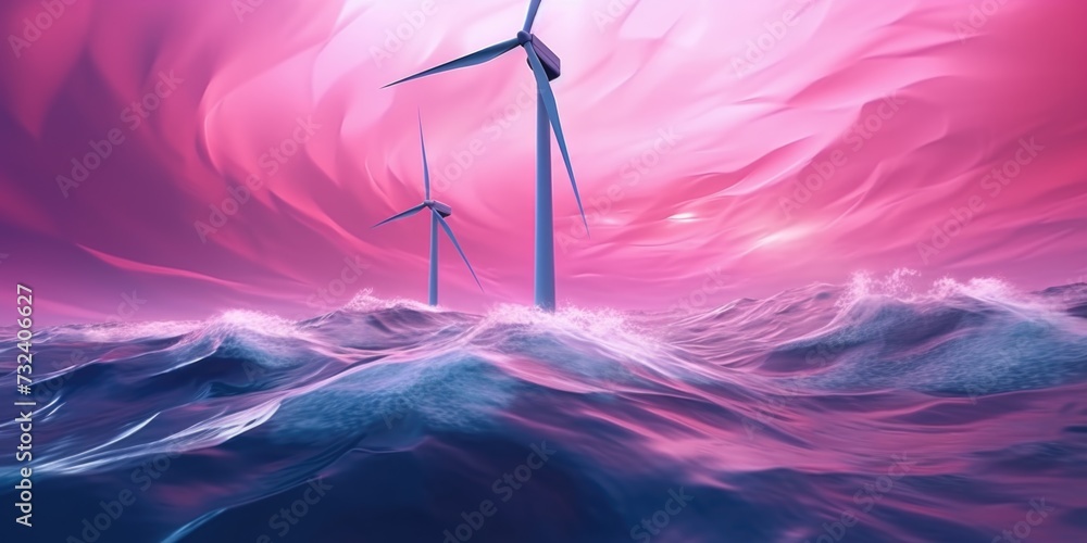 Poster two wind turbines standing tall in the middle of a vast body of water. this image can be used to dep