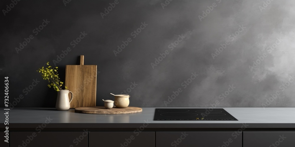 Poster A kitchen counter with a cutting board and vases. Perfect for showcasing culinary skills and adding a touch of elegance to any cooking or home decor-related project