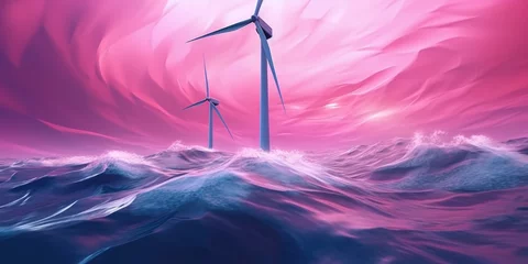  Two wind turbines standing tall in the middle of a vast body of water. This image can be used to depict renewable energy, sustainable power, and the beauty of nature © Vladimir Polikarpov