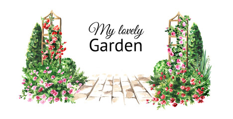 Garden flower bed and walking path, Landscape design. Hand drawn watercolor illustration isolated on white background