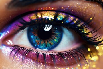 A close-up view of a person's eye with sparkly glitter. Perfect for adding a touch of glamour and shine to any project