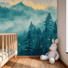 Modern nursery with a large stuffed animal - light wooden bed - child's room with picturesque wallpaper featuring watercolor mountains © 100choices
