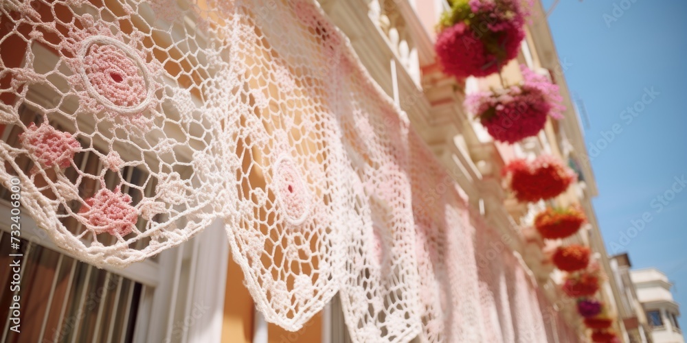 Poster Crocheted doilies hanging from the side of a building. Perfect for adding a unique and charming touch to any space