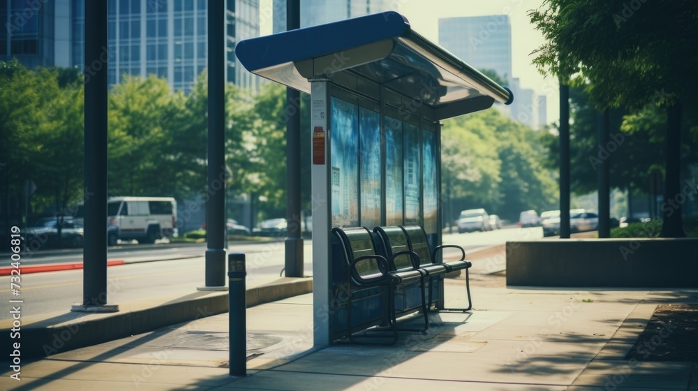 Poster A picture of a bus stop with a bench located on the side of the road. Suitable for transportation, commuting, and public transit concepts