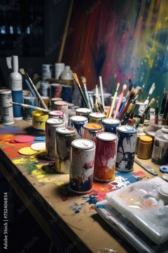 Poster paint cans neatly arranged on a wooden table. perfect for diy projects and home renovations